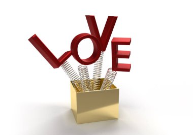 Yaylardaki mesaj aşkı kutudan fırlıyor. Sevgililer Günü ya da yıldönümü için eğlenceli bir pankart. 3d oluşturma.