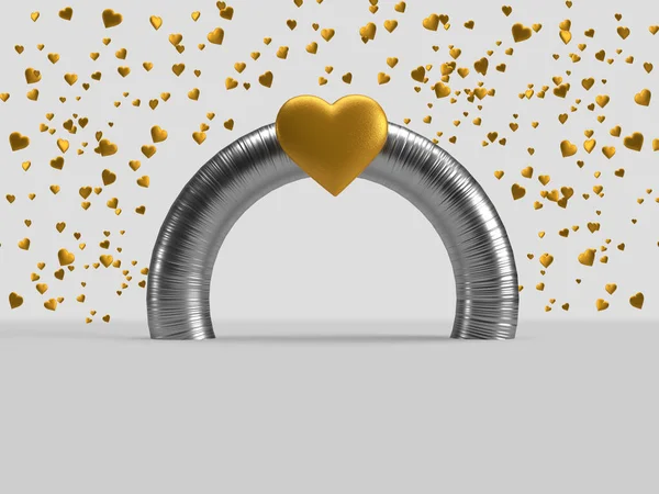 Sevgililer günü kalbi gümüş kapıda ve küçük kalpleri arka planda. Yıldönümünüzü kutlamak için soyut kalpli bir bayrak. 3d oluşturma