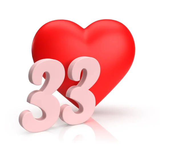 Heart number thirty three or 33 for valentine's day or anniversary. An digit idea for a banner or card for love. 3d rendering