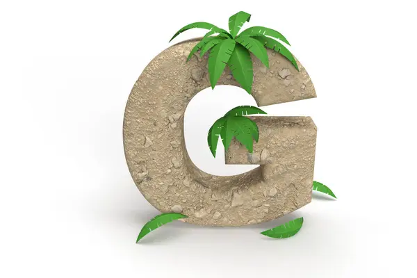 Yaz tatili için kum ve palmiye ağaçlarından oluşan alfabeden G harfi. Banner başlık fikri. 3d oluşturma