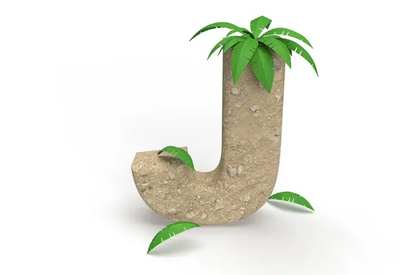 J harfi, yaz tatili için kum ve palmiye ağaçlarından yapılmış alfabeden. Banner başlık fikri. 3d oluşturma