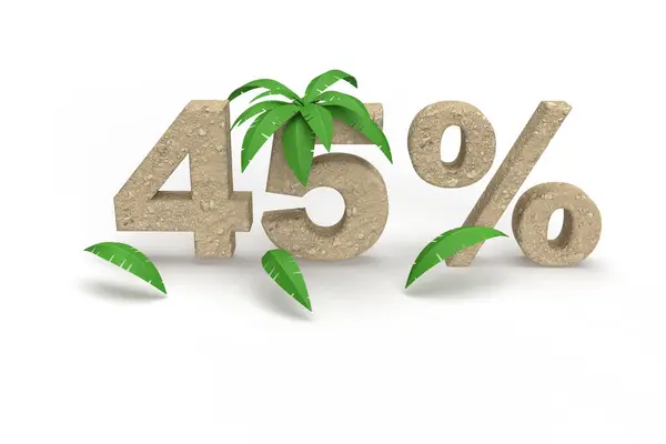 Yaz tatili için palmiye ağaçlarıyla birlikte kumdan yapılmış yüzde 45. Banner başlık fikri. 3d renderin