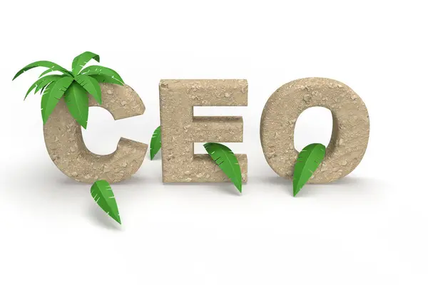 Yaz tatili için kum ve palmiye ağaçlarından yapılmış CEO metni. İşiniz için afiş başlığı fikri. 3d renderin