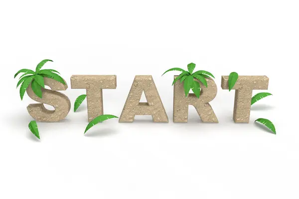 Yaz tatili için kum ve palmiye ağaçlarından yapılmış metne başla. İşiniz için afiş başlığı fikri. 3d renderin