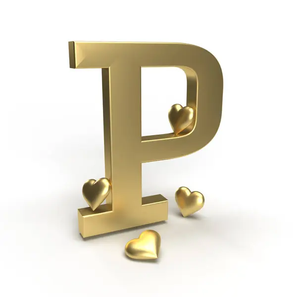 字母P的金色字母 上面有红心 Va的想法 免版税图库照片