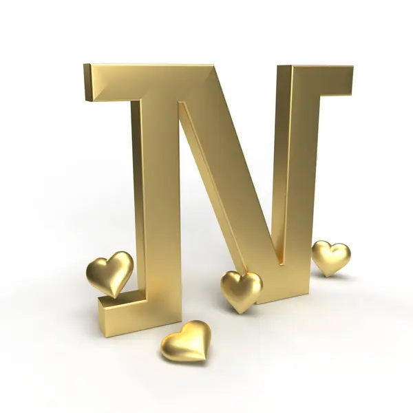 字母N的金色字母 上面有红心 V的概念 图库图片