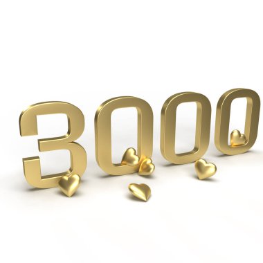 3000 numaralı altın, etrafında kalp olan üç bin. Sevgililer Günü için fikir, evlilik yıldönümü ya da indirim. 3d oluşturma