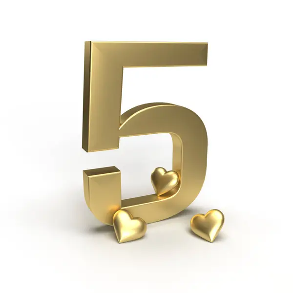 Altın numara 5, etrafında kalpler olan 5 numara. Sevgililer Günü için fikir, evlilik yıldönümü ya da indirim. 3d oluşturma
