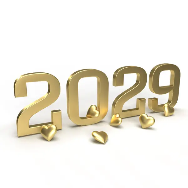 Altın rengi yeni yıl 2029 'da etrafında kalpler vardı. Yılbaşı gecesi için fikir, evlilik yıldönümü ya da indirim. 3d oluşturma