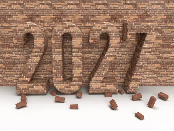 Taş duvara 2027 tuğla yazı. İnşaat şirketi için Noel postası fikri. 3d oluşturma