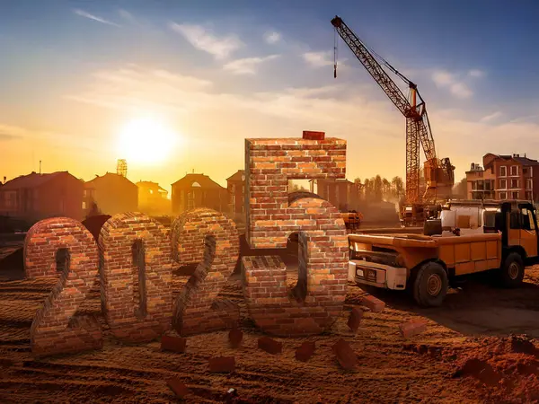 2025 yılının tuğlası inşaat alanında. Arka planda çöp kamyonu ve vinç var. Gün batımında ve kasabada. İnşaat şirketi için bir iş fikri. 3d oluşturma