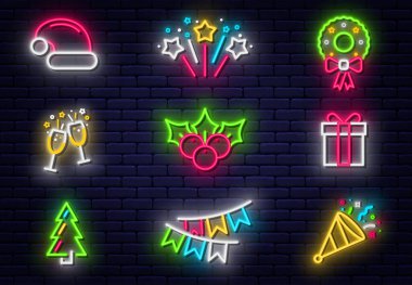 Mutlu Noeller neon ikonlar koleksiyonu. Parlayan neon ikonlar, semboller ve tasarım elementleri. Noel süsü için neon ışıklı tabela, pankart ve tabela koleksiyonu. Vektör