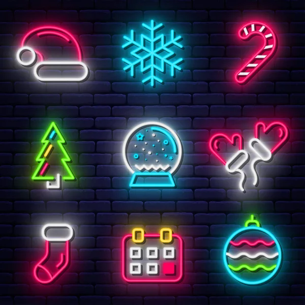 Merry Christmas Neon Icons Collection Christmas Glowing Neon Icons Symbols — Stock Vector