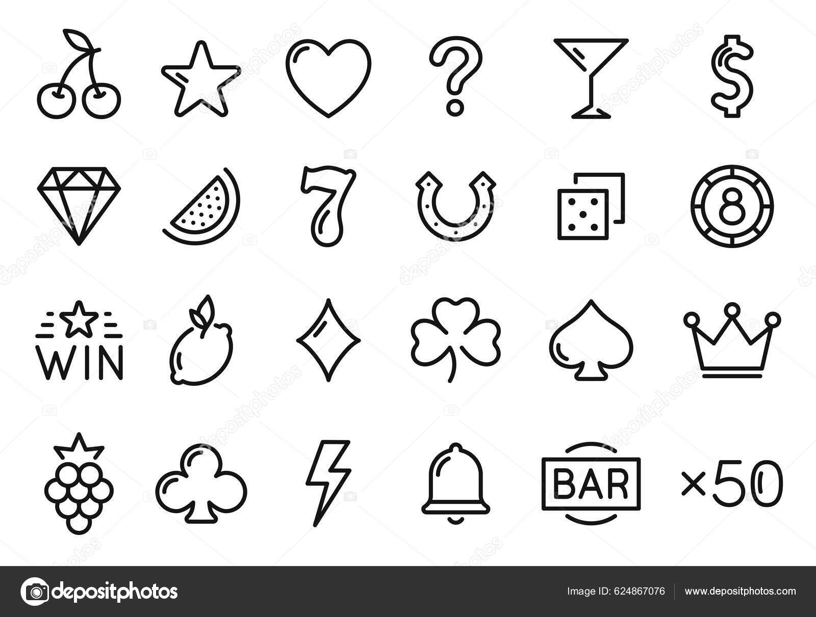 Иконки Линий Казино Игрового Автомата Набор Набросков Иконок Игр.