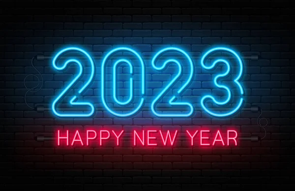 stock vector Happy New Year 2023. New Year and Christmas neon signboard with glowing text and numbers. Neon light effect for background, web banner, poster and greeting card. Vector