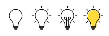 Yaratıcı fikir ve çözüm konsepti, ana hatlı ampul. Işınlar ve elektrik lambaları. Bilgi, problem çözümü, yaratıcı fikir ve düşünce. Vektör