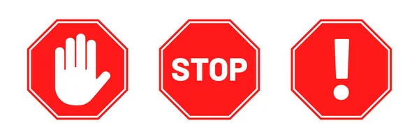 標識収集を停止します 八角形の形をした赤い停止標識 交通警告と手でアイコンを禁止 テキストと感嘆符 ベクトル — ストックベクタ