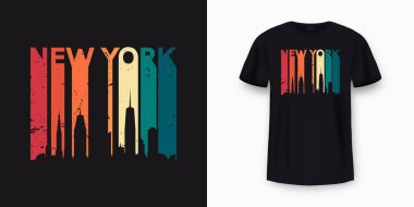 New York şehrinin siluet tişört tasarımı. Kaliteli tişört baskısı ve şık metinli giyim tasarımı. New York silueti retro tee baskı tasarımı için. Vektör