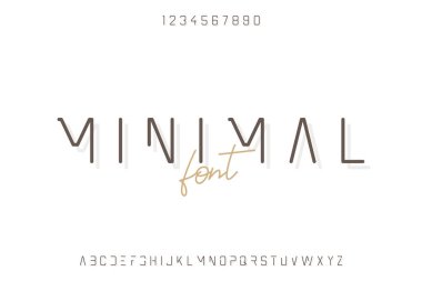 Modern minimalist yazı tipi. Fütürist ve minimalist serif yazı tipi yok. Büyük harf ve sayılarla süslü bir alfabe. Spor ve bilim için yaratıcı yazı tipi, müzik ve teknoloji endüstrisi. Vektör