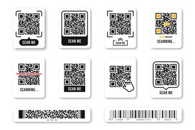 QR code, Quick Response code. QR code templates frames. Scan me, scanning tags of QR code. Set of templates for payment, link and application. Vector