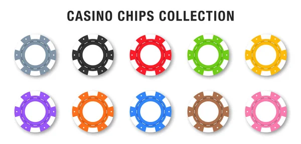ギャンブルカジノチップ ギャンブル ポーカー ルーレットのためのカジノチップのカラフルなコレクション カジノチップとコインは白い背景に隔離されています ベクトル — ストックベクタ