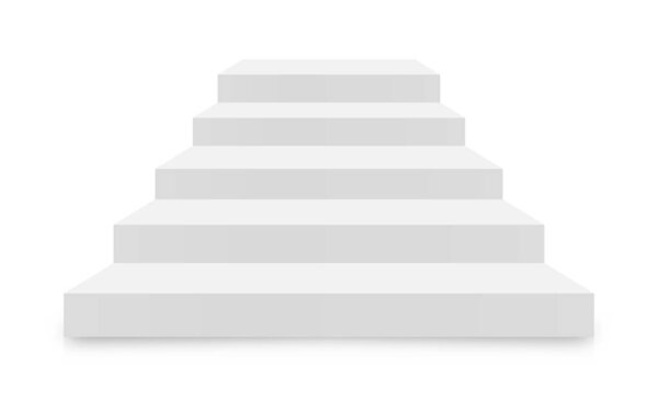 Белая лестница на белом фоне. Реалистичная 3d лестница. Внутренние белые ступеньки в передней части. Шаблон белой лестницы в стиле 3D. Вектор