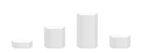 六角形の柱の形で台座と表彰台のモックアップ 白い背景に隔離された空の博物館の舞台や台座のモックアップ 授賞式 製品プレゼンテーションや博物館の展示会のためのスタンド ベクトル — ストックベクタ