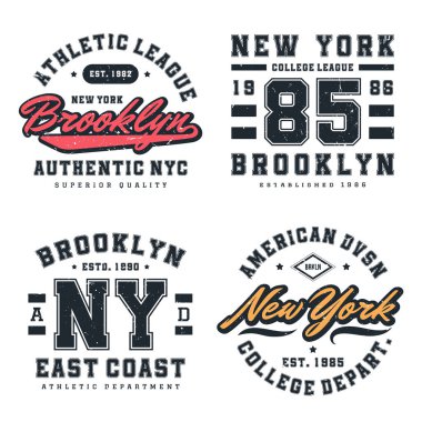 New York, Brooklyn tişört tasarım koleksiyonu. Amerikan üniversitesi tarzında tişört baskısı tasarımı. Üniversite ve üniversite tarzında tişört baskısı için atletik tipografi. Vektör