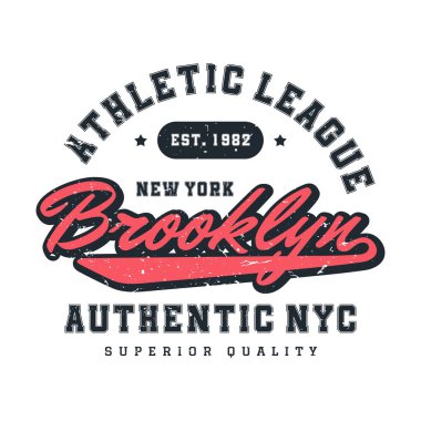 New York, Brooklyn tişört tasarımı. Amerikan üniversitesi tarzında tişört baskısı tasarımı. Üniversite ve üniversite tarzında tişört baskısı için atletik tipografi. Vektör