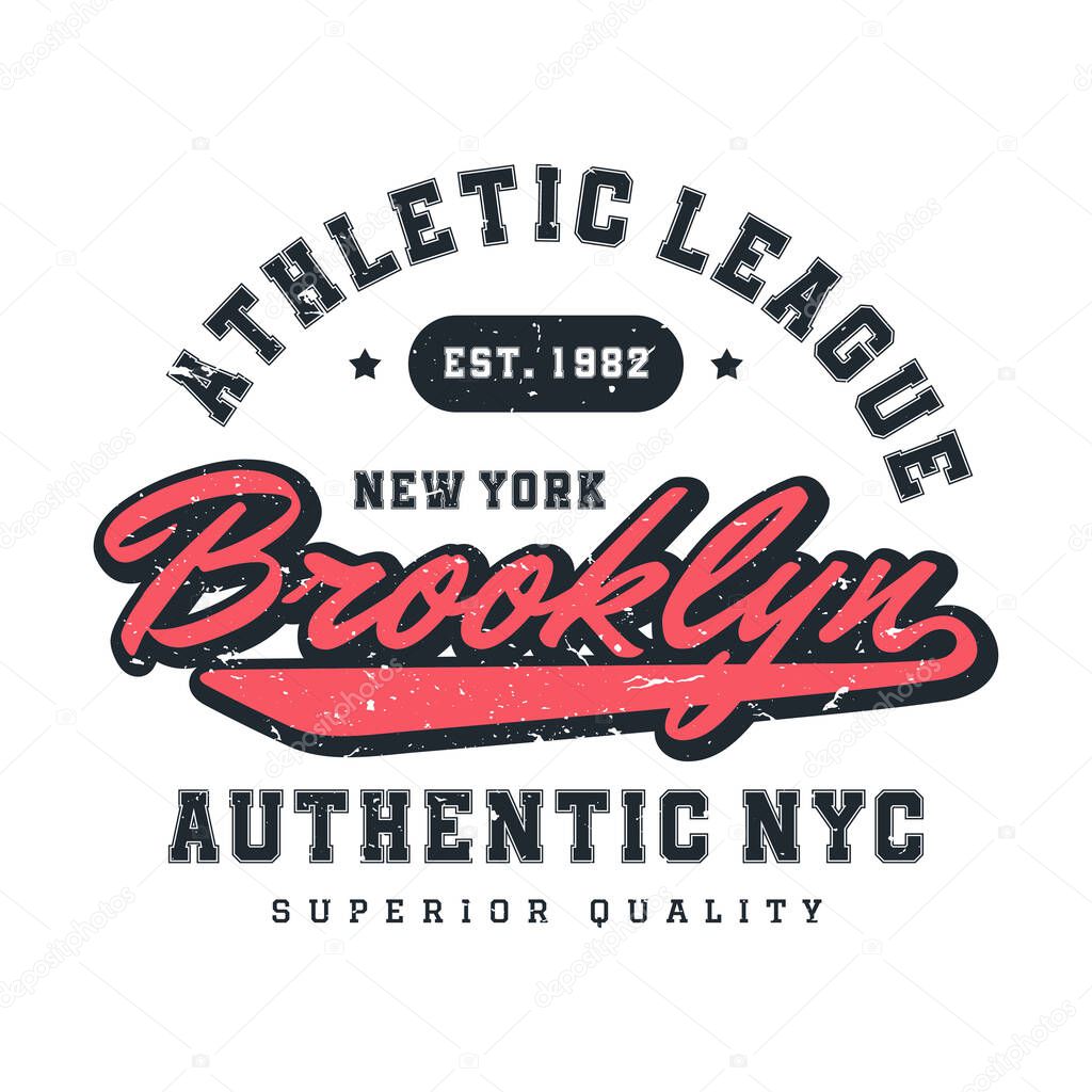 New York, Brooklyn t-shirt design. T-shirt print design in American college style. Athletic typography for tee shirt print in university and college style. Vector