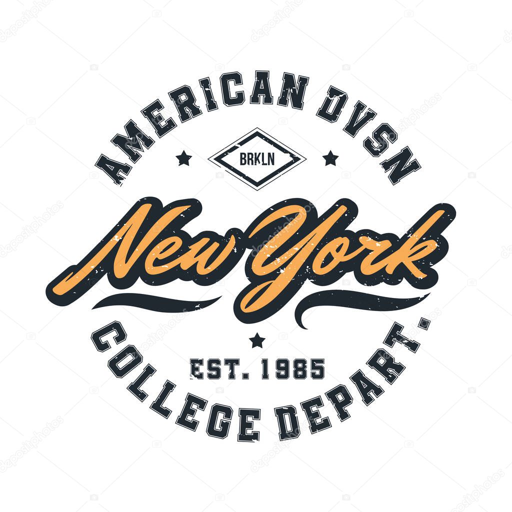 New York, Brooklyn t-shirt design. T-shirt print design in American college style. Athletic typography for tee shirt print in university and college style. Vector