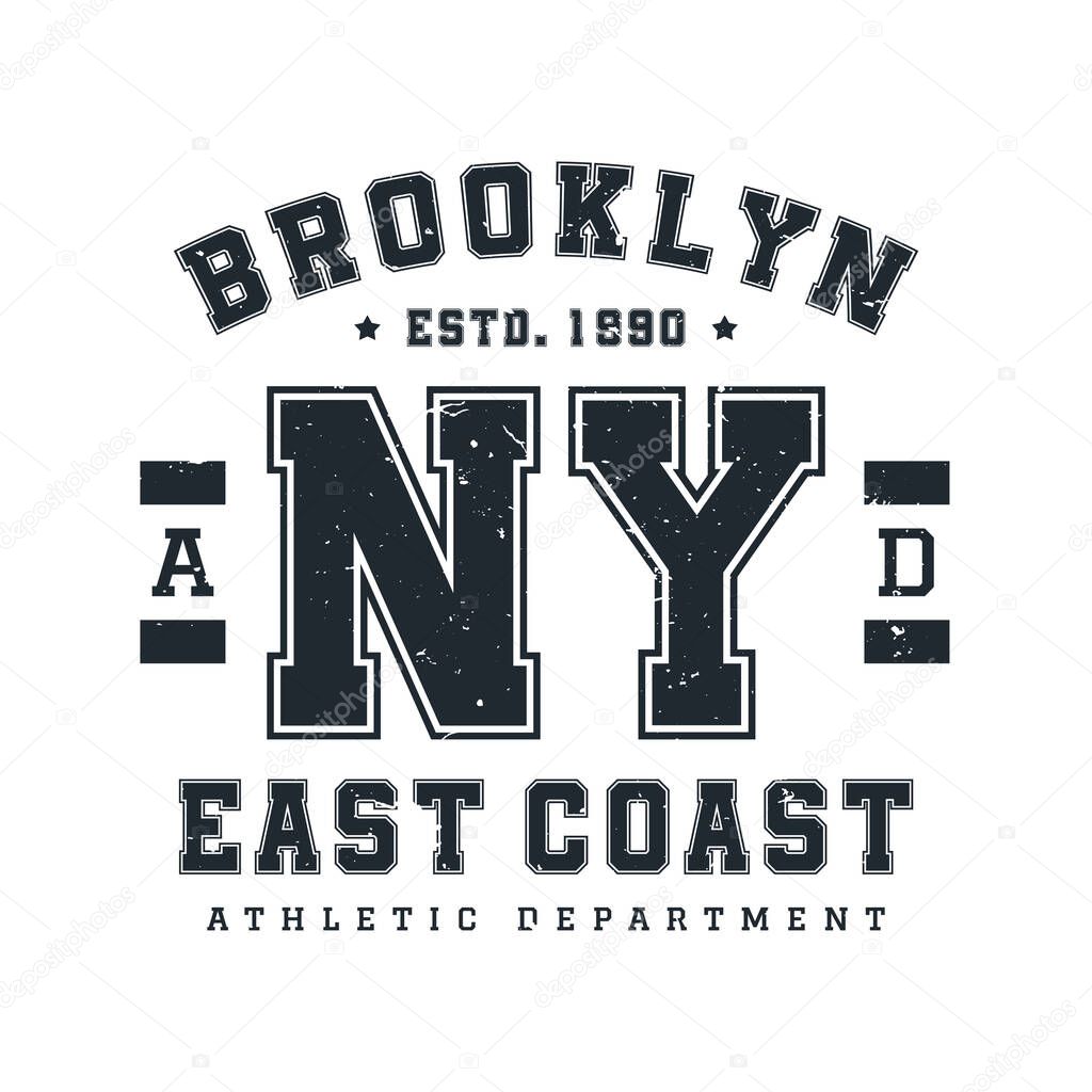 New York, Brooklyn t-shirt design. T-shirt print design in American college style. Athletic typography for tee shirt print in university and college style. Vector