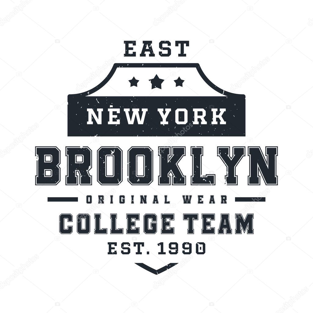 New York, Brooklyn t-shirt design. T-shirt print design in American college style. Athletic typography for tee shirt print in university and college style. Vector