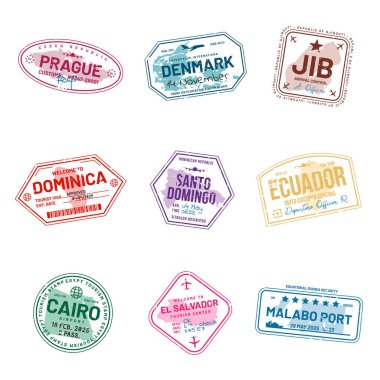Pasaportlar için seyahat vizesi pulları. Soyut uluslararası ve göçmen bürosu pulları. Ülkeye giriş ve çıkış gümrük vizesi damgaları. Vektör