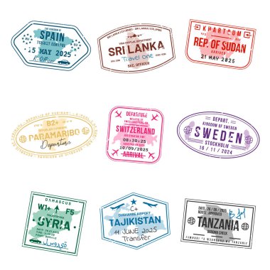 Pasaportlar için seyahat vizesi pulları. Soyut uluslararası ve göçmen bürosu pulları. Ülkeye giriş ve çıkış gümrük vizesi damgaları. Vektör