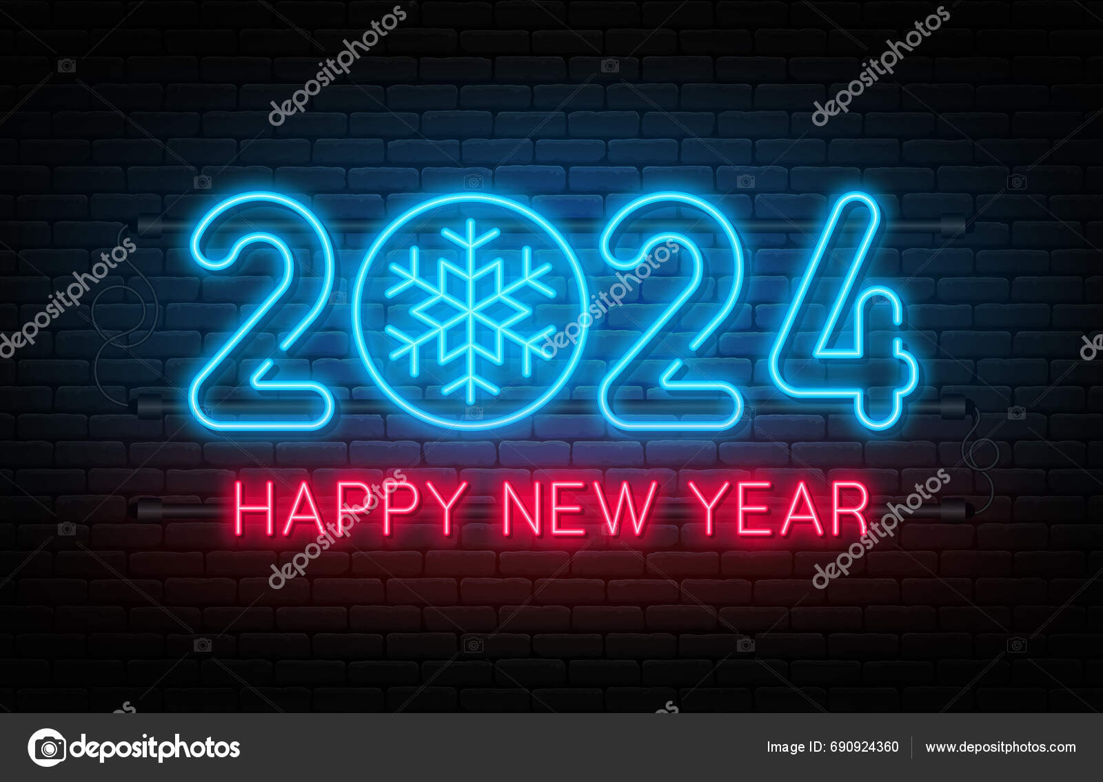 Happy New Year 2024 New Year 2024 Christmas Neon Signboard Stock Vector