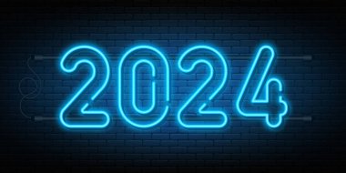 2024 neon levha. Parlak numaralar 2024, arka plan için neon ışık efekti, web afişi, poster ve tebrik kartı. Mutlu Noeller ve mutlu yıllar konsepti. Vektör