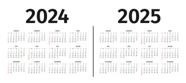 2024 ve 2025 yıllarının takvimi. Takvim şablonu, siyah beyaz renkler. Beyaz arka planda yıllık 2024 ve 2025 takvim modellemesi. Hafta pazar günü başlıyor. Vektör