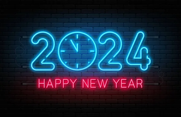 Šťastný Nový Rok2024 Nový Rok 2024 Vánoční Neonový Plakát Zářivým Stock Vektory