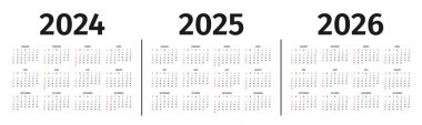 2024, 2025 ve 2026 yılının takvimi. Takvim şablonu, siyah beyaz renkler. Beyaz arka planda yıllık 2024, 2025 ve 2026 takvim modellemesi. Hafta pazar günü başlıyor. Vektör