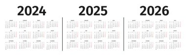 2024, 2025 ve 2026 yılının takvimi. Takvim şablonu, siyah beyaz renkler. Beyaz arka planda yıllık 2024, 2025 ve 2026 takvim modellemesi. Hafta pazartesi başlıyor. Vektör