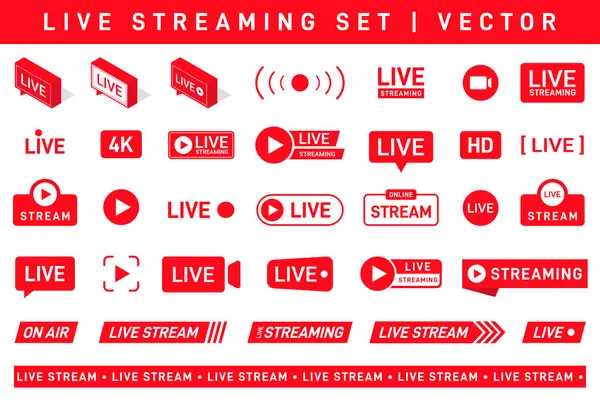 Sada Živých Streamovacích Ikon Červené Symboly Tlačítka Pro Live Streaming Stock Vektory