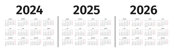 2024 2025 2026 Yılının Takvimi Takvim Şablonu Siyah Beyaz Renkler Telifsiz Stok Illüstrasyonlar