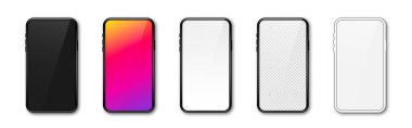 Gerçekçi bir telefon modeli. Boş, renkli, siyah ve şeffaf ekranlı modern telefonlar. Akıllı telefon tasarımı ön planda. Sunum ve bilgi şablonları. Vektör