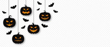 Cadılar Bayramı balkabakları şeffaf bir arkaplanda asılı. Korkunç yüzleri ve yarasaları olan Cadılar Bayramı balkabakları. Cadılar Bayramı tebrik kartları, davetiyeler ve internet afişleri için korkunç yüzler ve hayaletler. Vektör