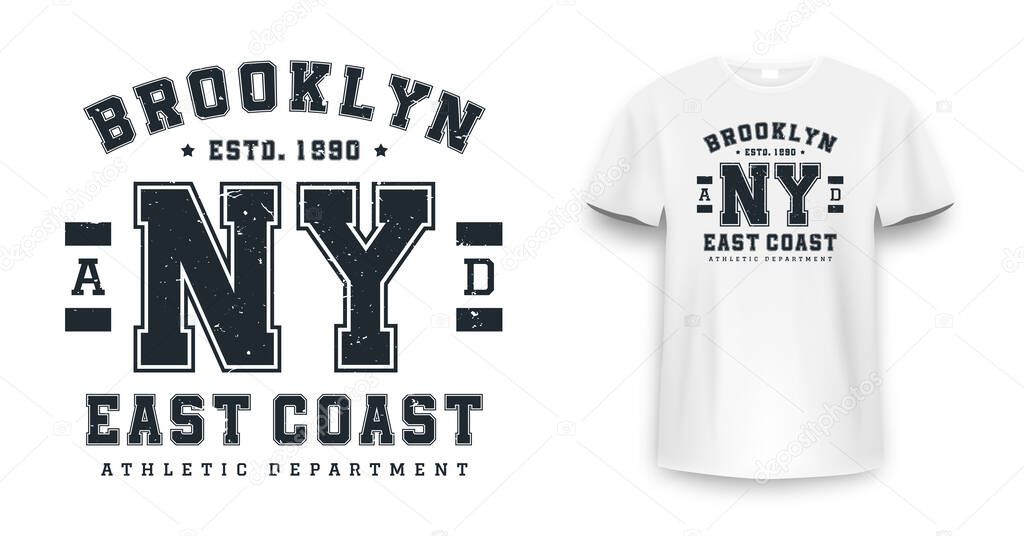 New York, Brooklyn t-shirt mockup design. T-shirt print design in American college style. Athletic typography for tee shirt print in university and college style. Vector