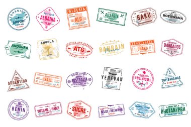 Pasaportlar için seyahat vizesi pulları koleksiyonu. Uluslararası ve göçmenlik bürolarından soyut pullar. Ülkeye giriş ve çıkış vize damgaları. Vektör