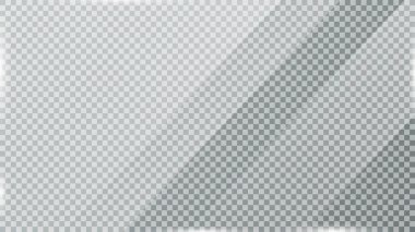 Şeffaf arka planda cam plaka. Akrilik ve cam desenli, parıltılı, aydınlık ve yansımalı. Gerçekçi şeffaf cam pencere, ayna arka planı. Vektör