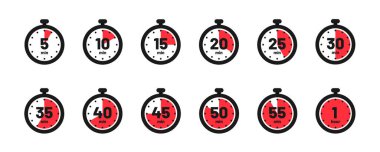 Zamanlayıcı yüzleri ve kronometre simgeleri. Geri sayım zamanlayıcısı saatleri ve dakikaları gösterir. Stopwatch 5 ila 60 dakika aralıklarla olduğunu gösteriyor. Dakikaları olan bir zaman göstergesi. Vektör