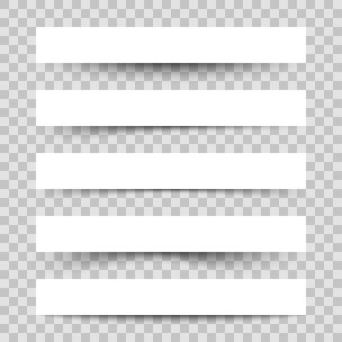 Gölge efektli kağıt şeritler. Saydam bir arkaplan üzerinde gölge etkisi olan kağıtlar. Gerçekçi gölge şeritleri, sayfa ayırıcıları ve kenarları. Vektör